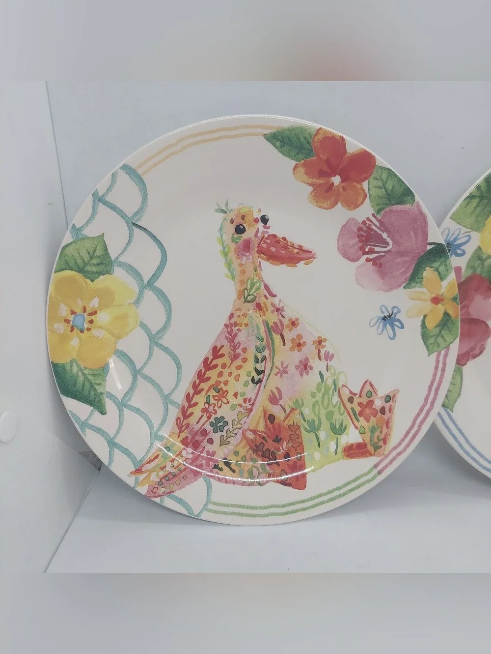 Pier 1 Imports Easter Spring Duck Bunny Floral Colorful Salad Plates 8.75